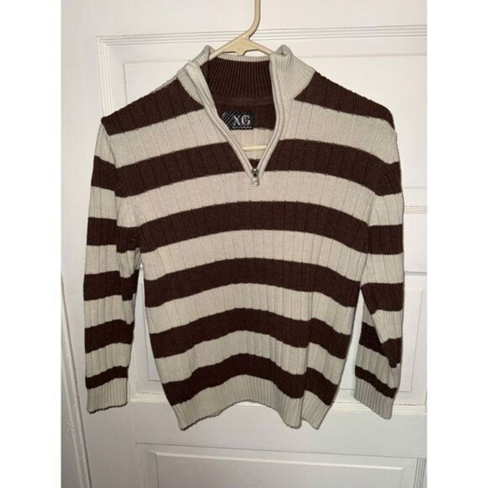 XG Brown & Beige Striped Quarter-Zip Ribbed‎ Knit Sweater Casual Pullover Size M
